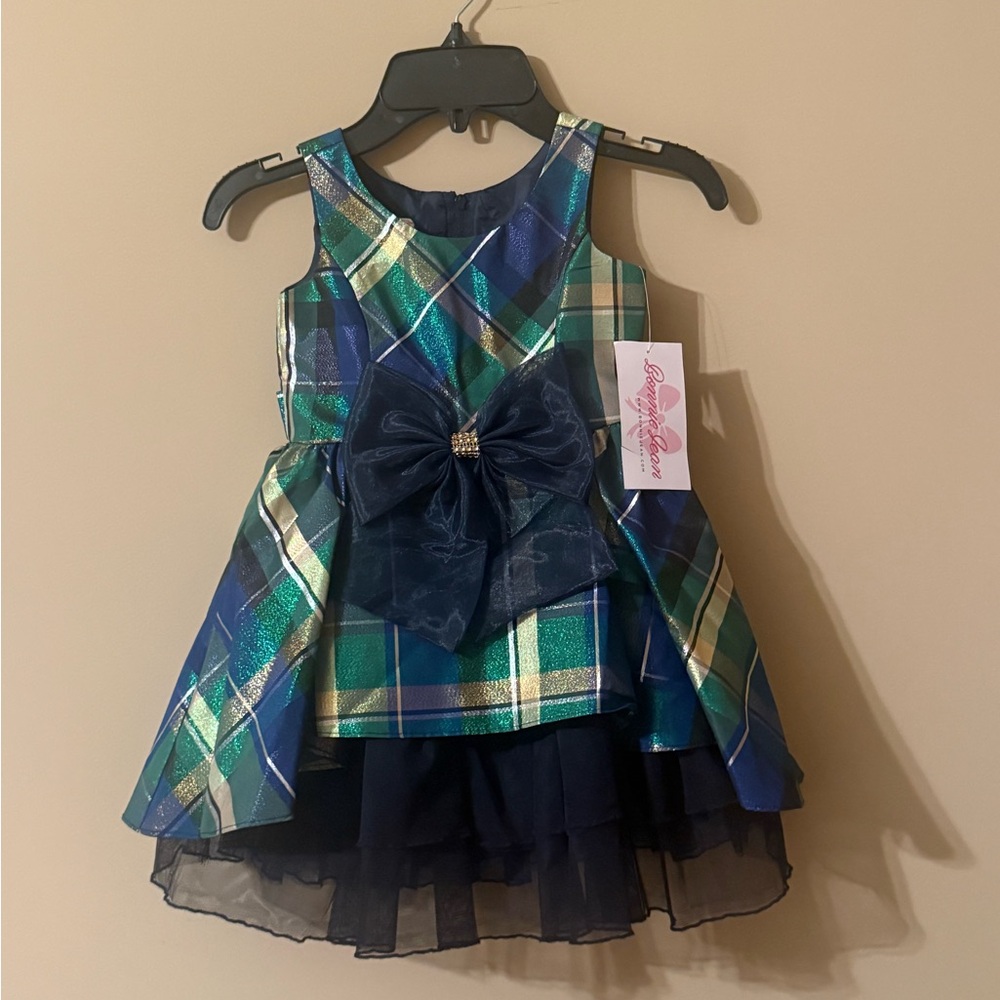 Bonnie Jean Green and Navy Plaid Metallic Accent Dress